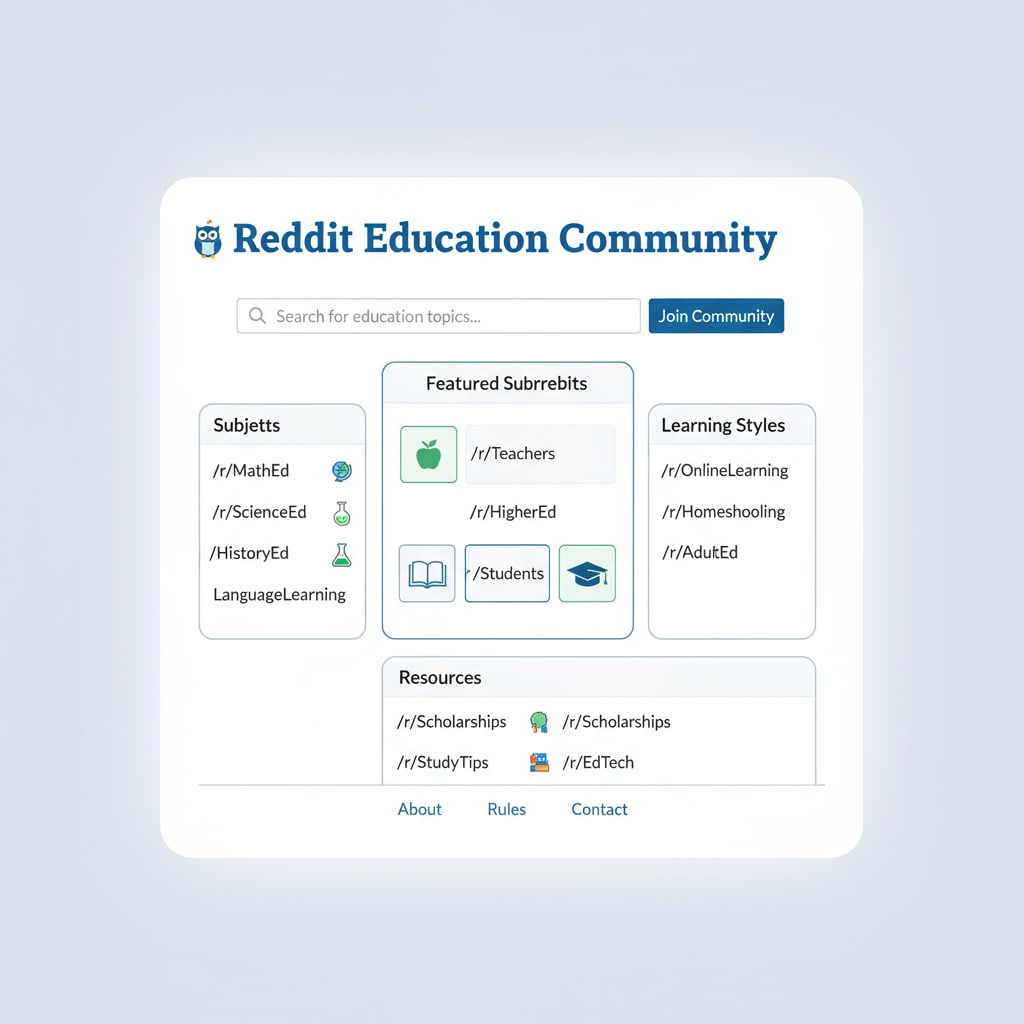 Screenshot of Reddit education community homepage with various educational subreddits