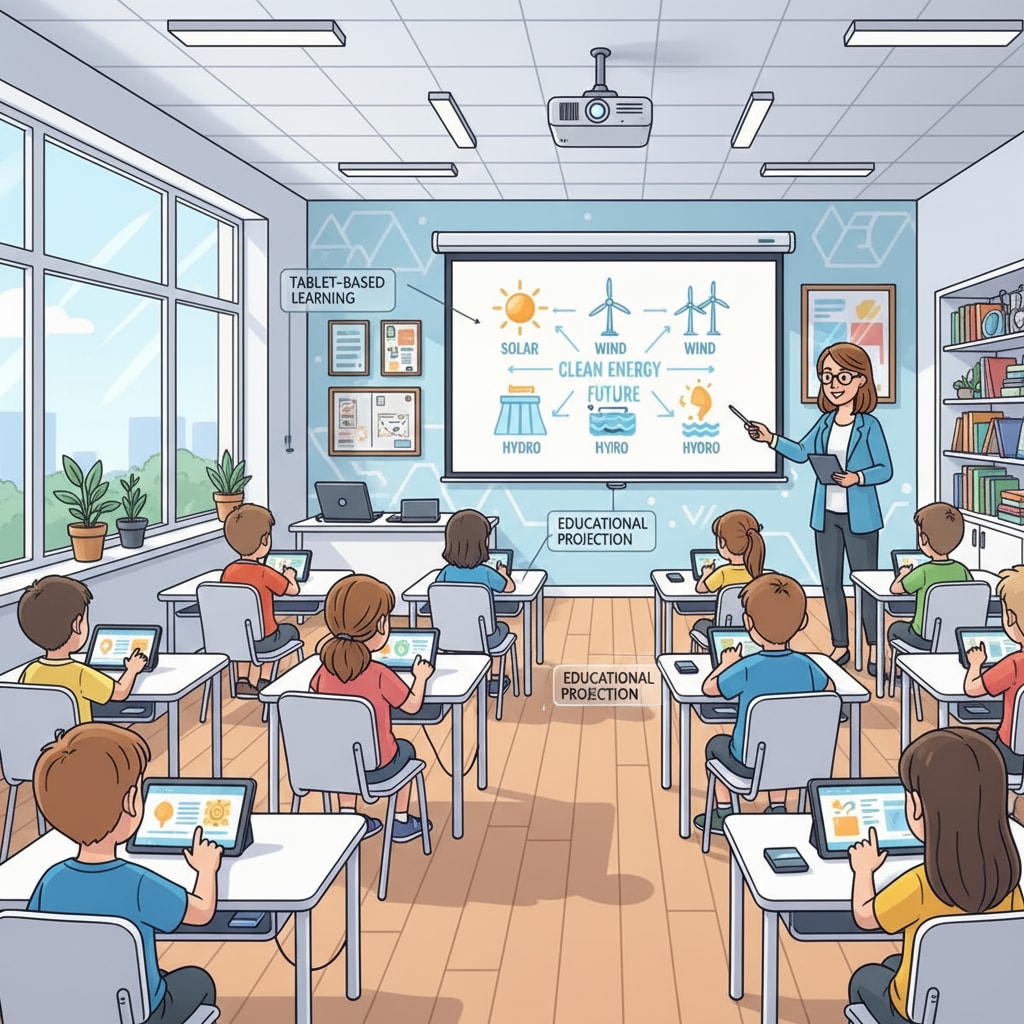 Modern primary education classroom with technology integration for enhanced learning