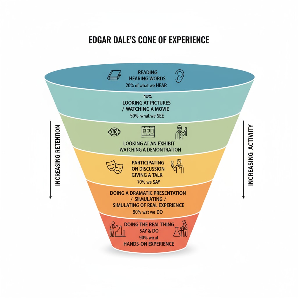 Edgar Dale's Cone of Experience related to learning theories, sensory experiences, and hands-on learning