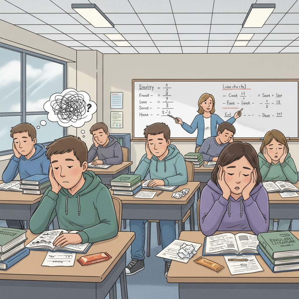 Ninth-grade students with a less-than-enthusiastic look during an English class, related to English courses, strict teachers, and learning experiences