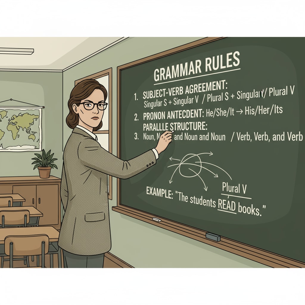 A serious teacher writing grammar rules, relevant to English courses, strict teachers, and learning experiences