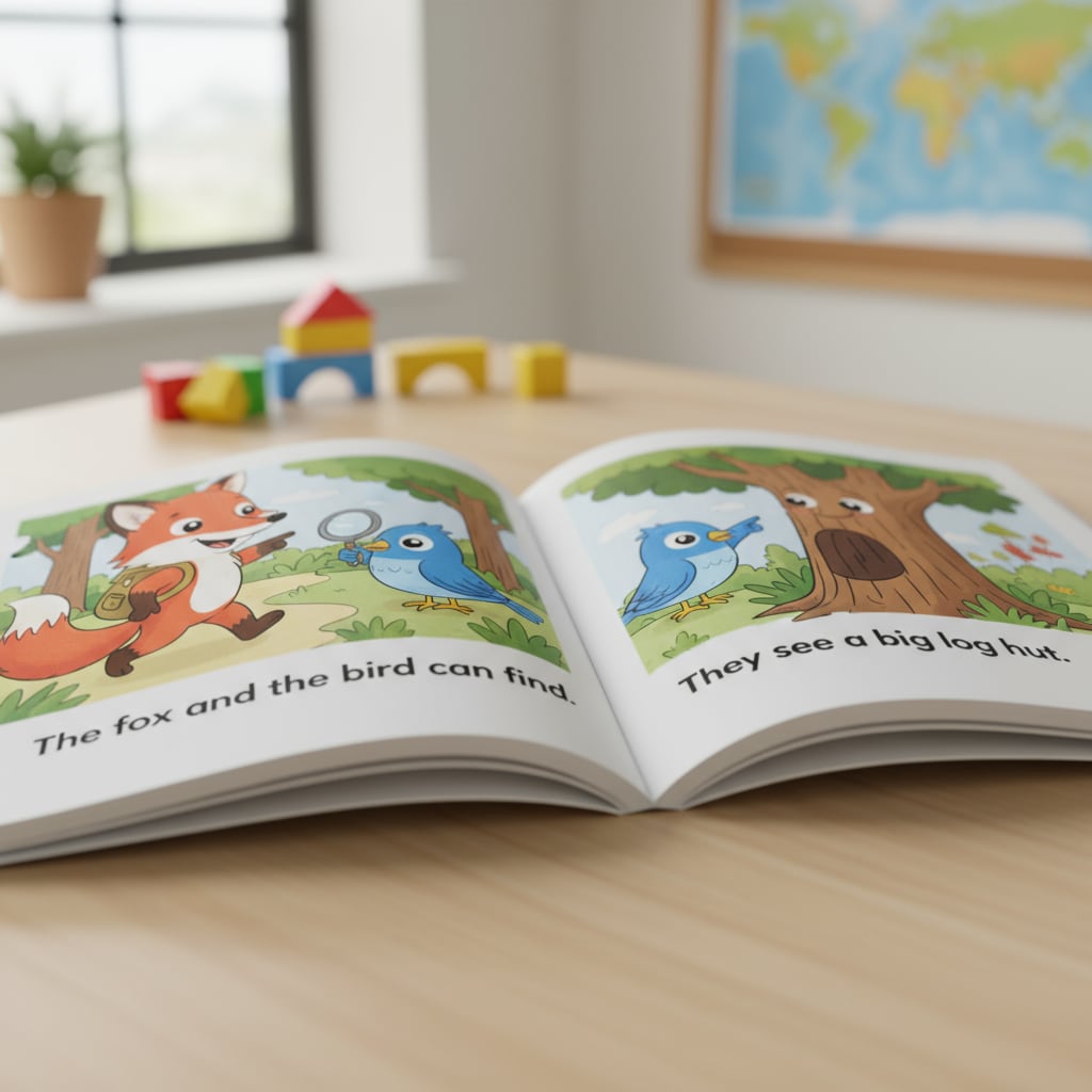 Close-up of an AI-generated decodable reading book with colorful illustrations