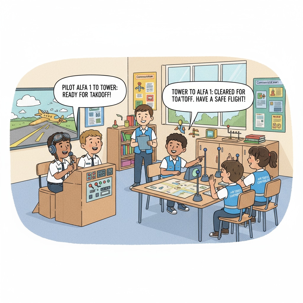 K12 students practicing communication skills like pilots