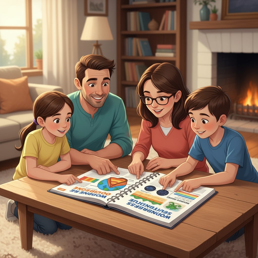 Parents and children exploring academic resources together at home for family education