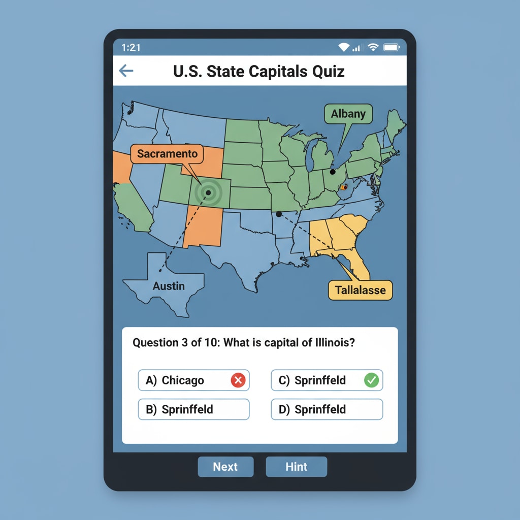 Screenshot of an American state capitals learning app for geographic education