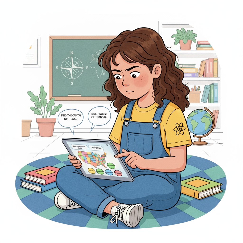 A child using an educational app for learning American state capitals