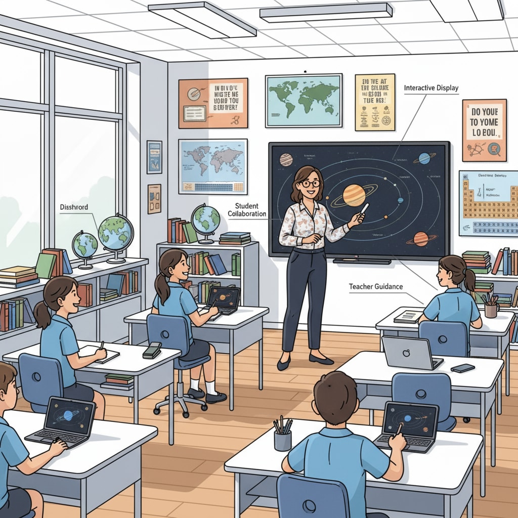Classroom scene in a professional K12 school related to teaching methods, curriculum goals, and learning assessments