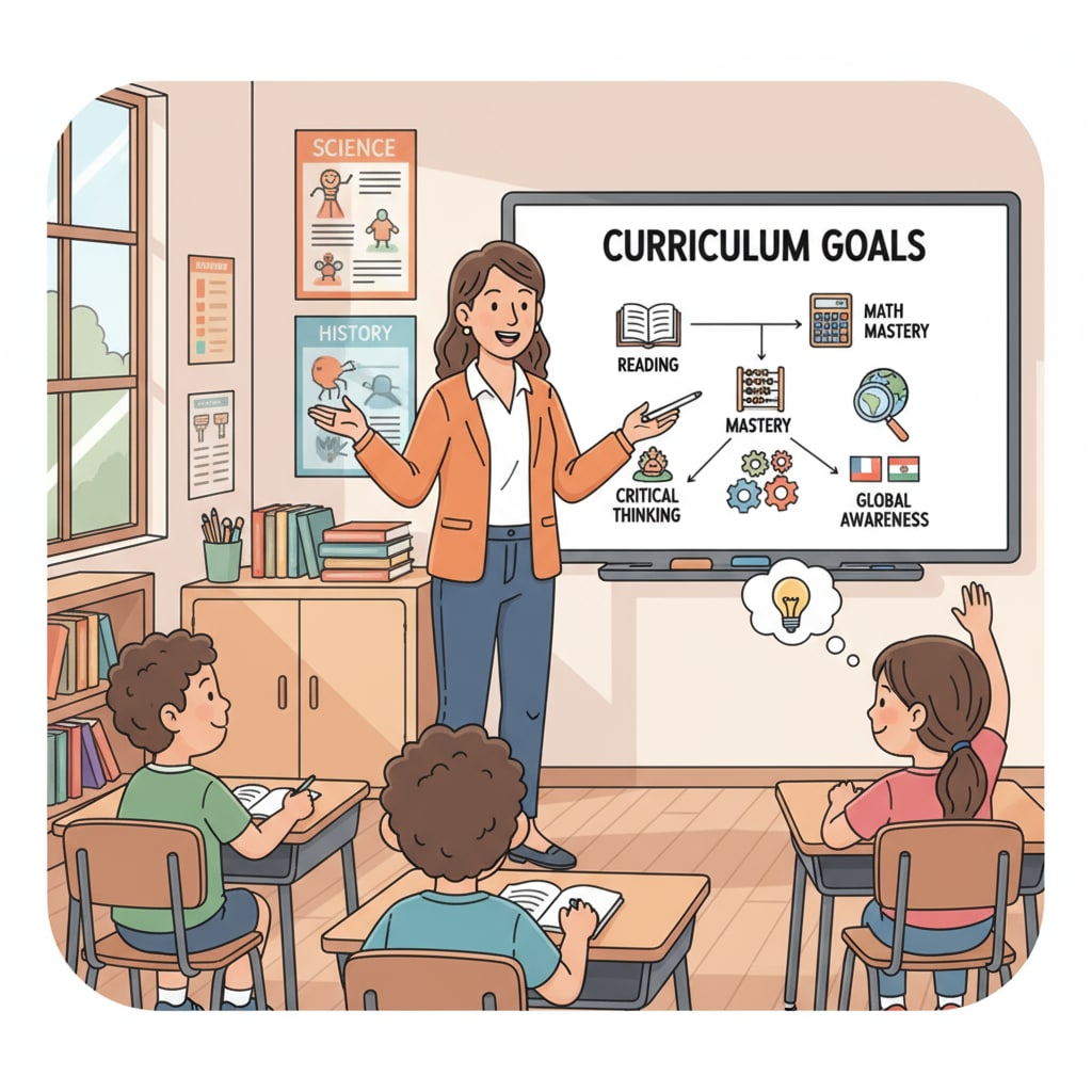 Teacher explaining curriculum goals in a K12 classroom relevant to teaching methods and learning assessments