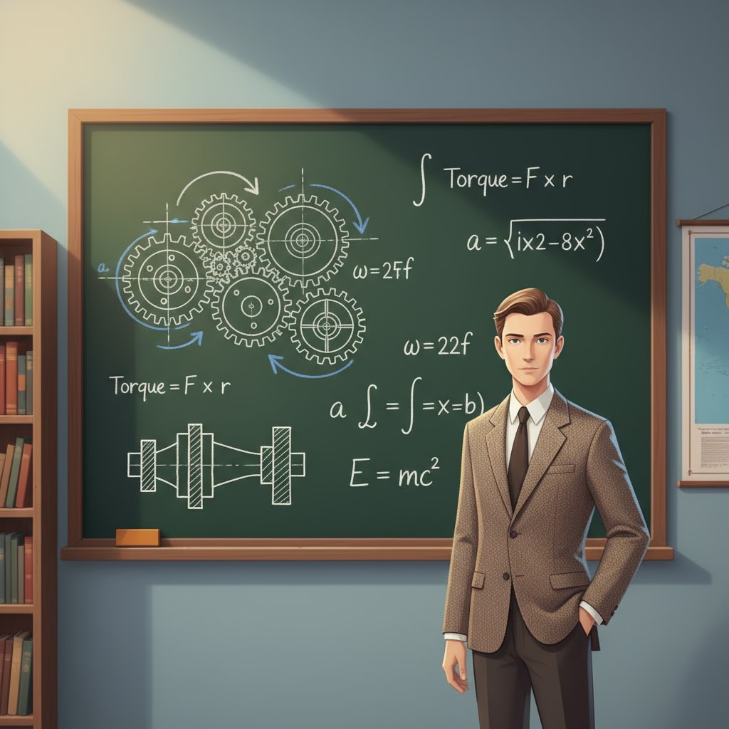 A person presenting mechanical engineering and math education concepts on a blackboard