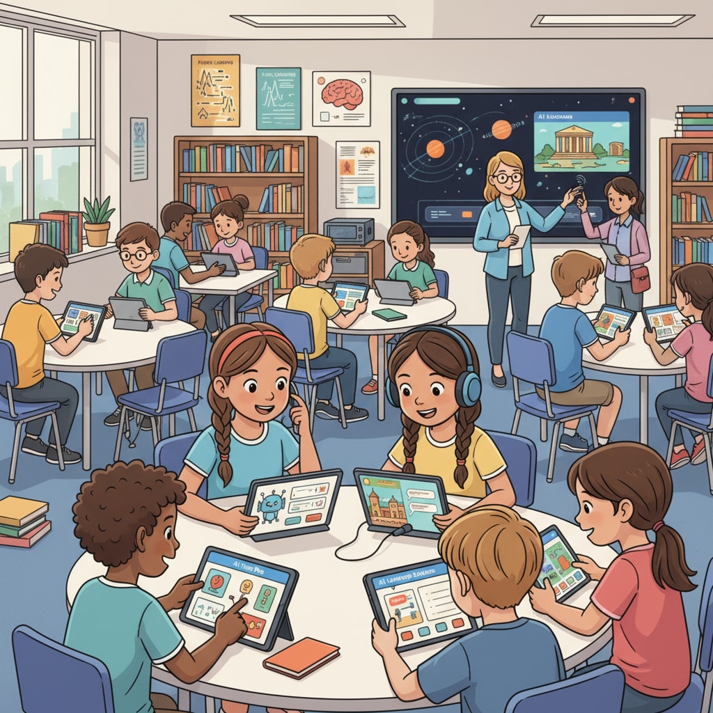 AI education tools being used by K12 students for learning assistance and teaching support in a classroom