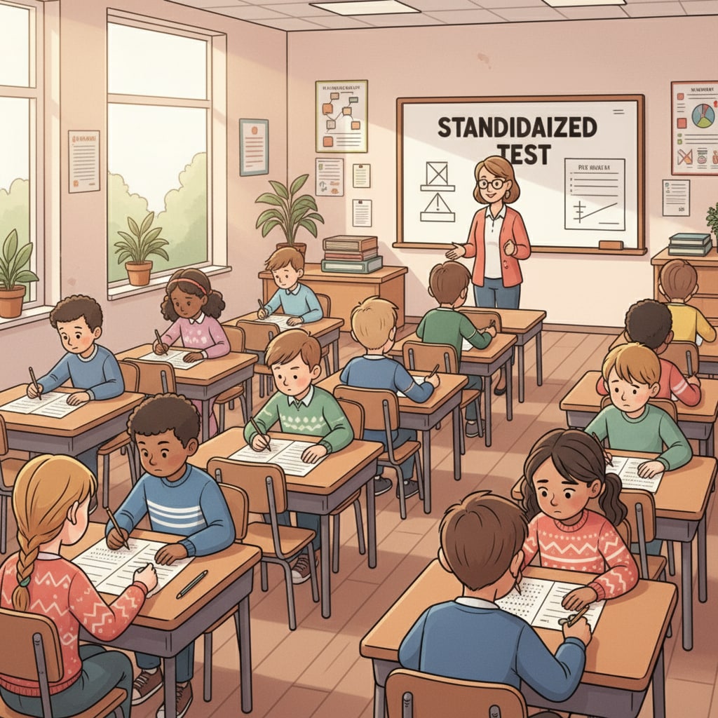 Students taking a standardized test, highlighting the role of memory, critical thinking, and educational assessment.