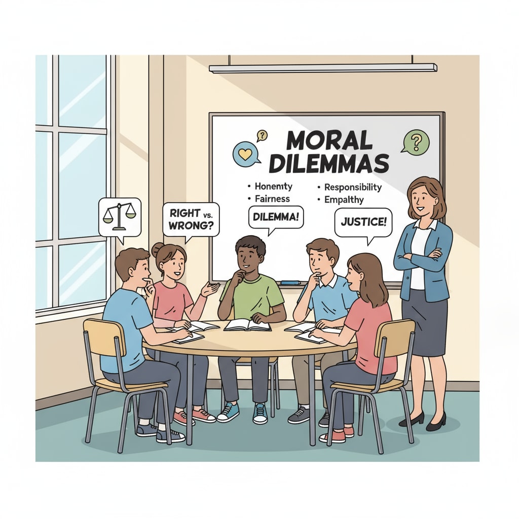 Students discussing moral and ethical education in a school classroom as part of a compulsory course