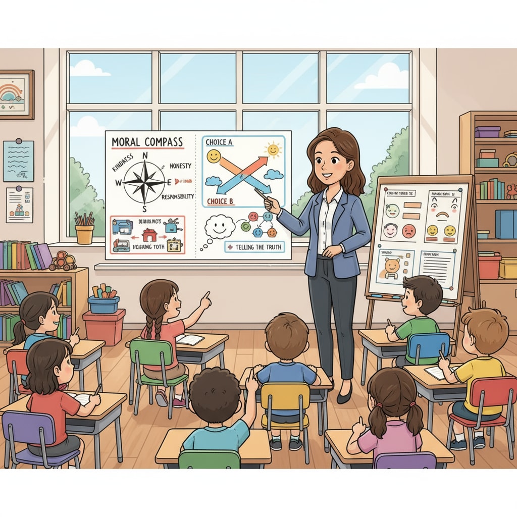 Teacher explaining moral concepts in a compulsory moral and ethical education course in school