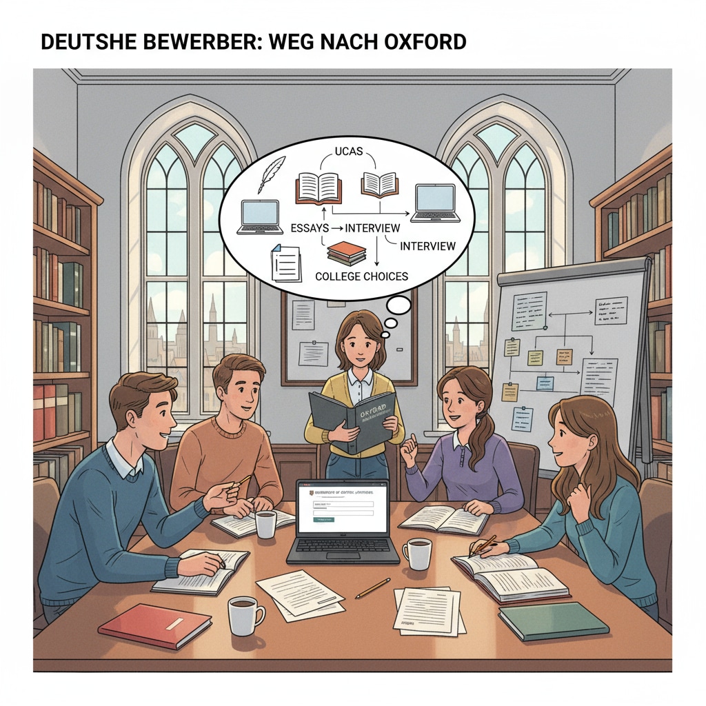 German students discussing Oxford University application in a study room related to Oxford University application, predicted grades, German education laws