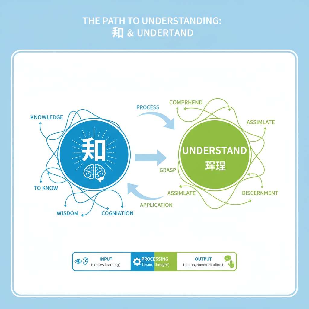 Visual representation of Chinese and English language elements related to know and understand, highlighting language differences and cultural thinking.
