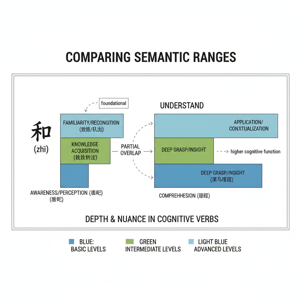 Comparison chart of the semantic ranges of know and understand, reflecting language differences and cultural thinking.