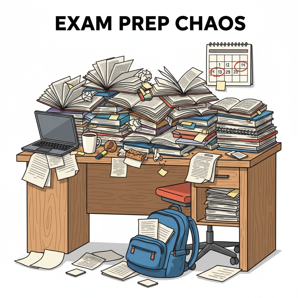 Disorganized study desk indicating inadequate exam preparation