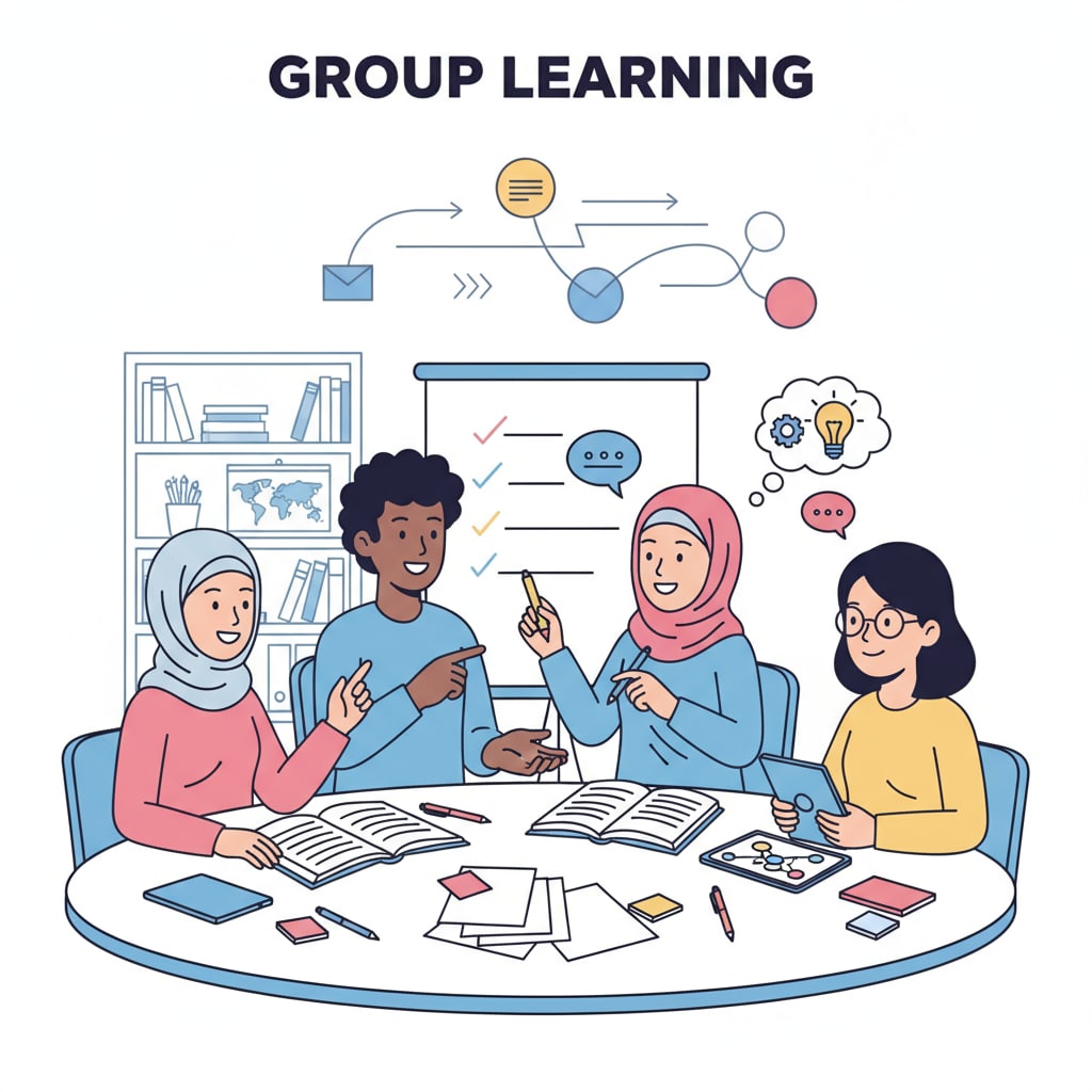 A group of students is engaged in a lively discussion during a group learning activity, sharing ideas and collaborating. Group learning session where students collaborate to enhance learning outcomes