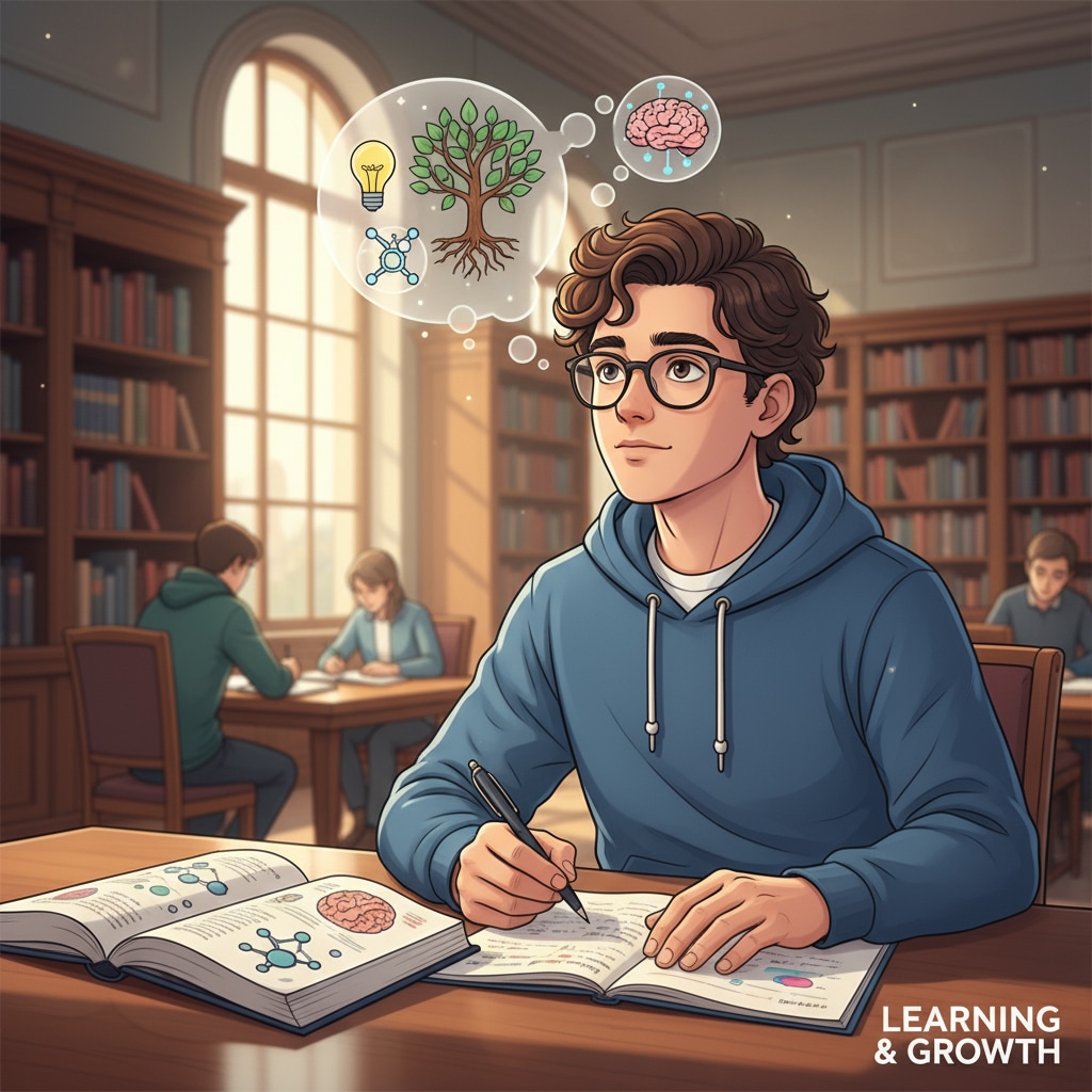 An individual student is sitting at a table in a quiet library, concentrating on their studies, reflecting on their learning. Individual student studying alone to improve learning outcomes