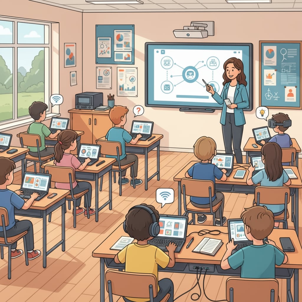 Classroom with students using digital devices for AI-aided learning