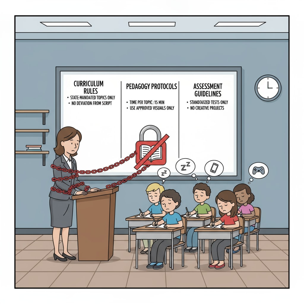 A classroom scene depicting the loss of teaching autonomy due to strict rules