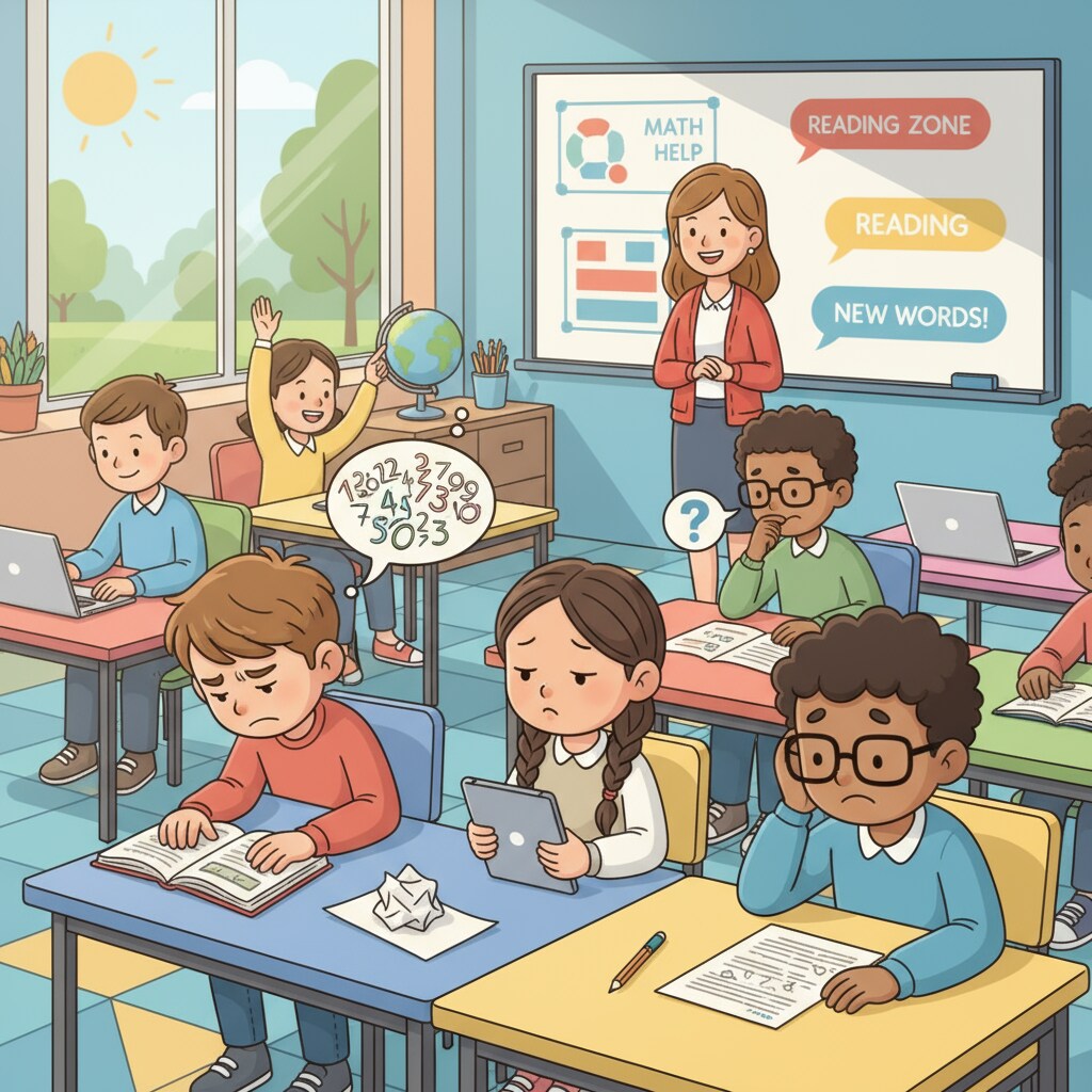 K12 students with learning difficulties showing frustration in the classroom
