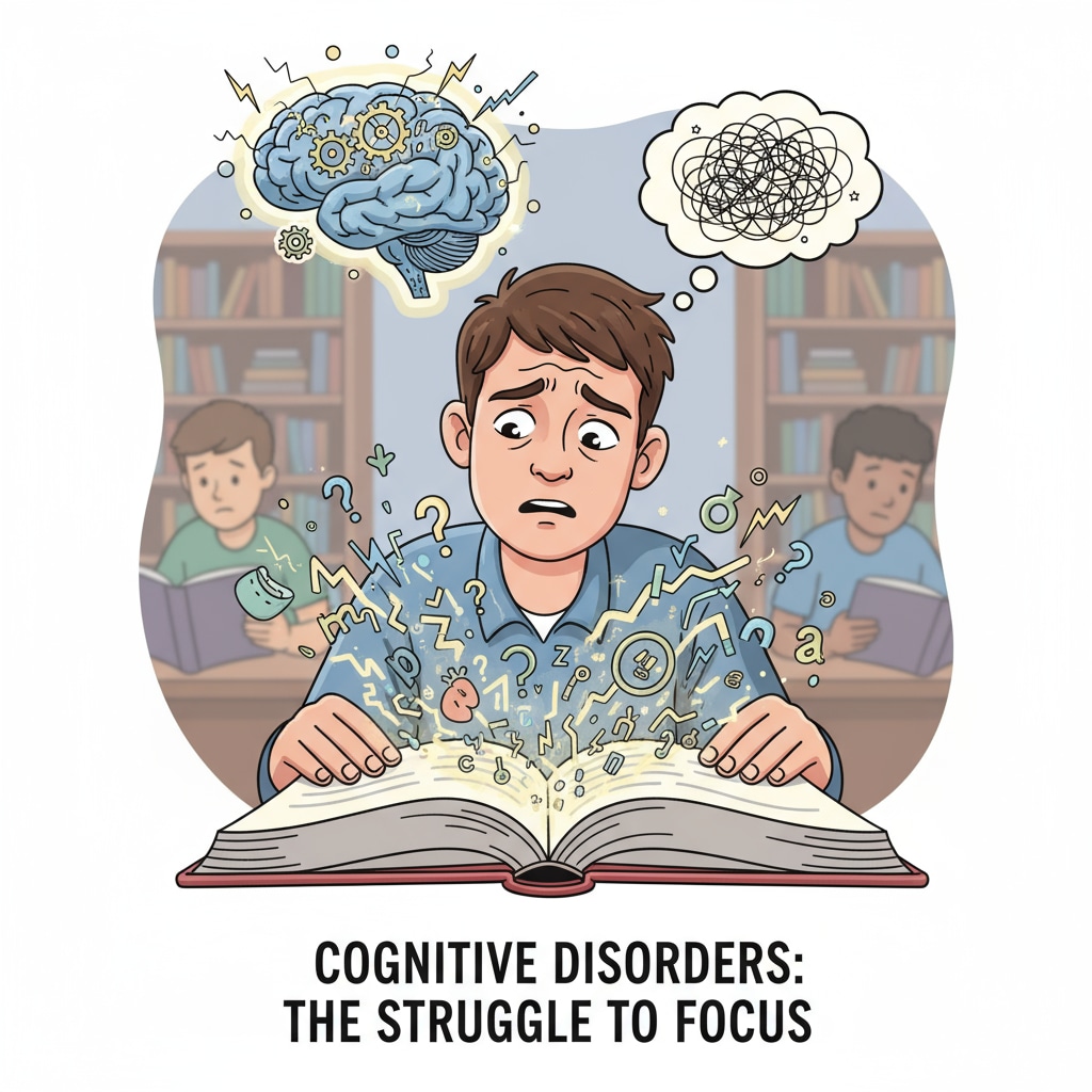 Student with a worried face struggling to focus on a book because of cognitive disorders
