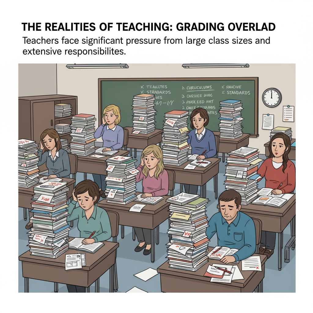 Teachers dealing with heavy workloads, which may contribute to burnout and influence career decisions