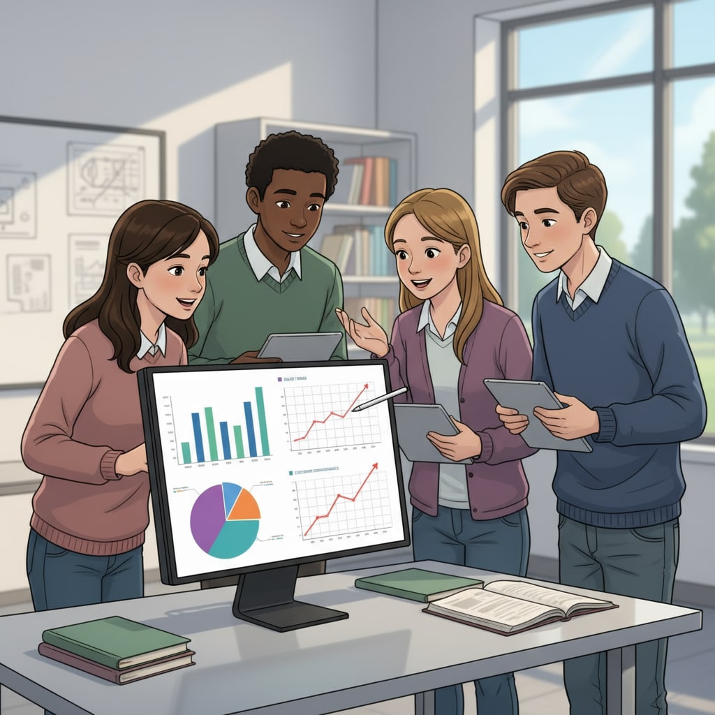 Students exploring data analysis through a computer screen with free learning resources