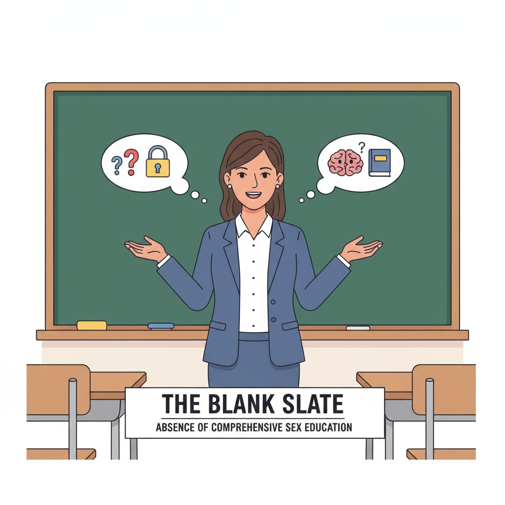 Teacher in front of empty chalkboard showing sex education deficiency in school