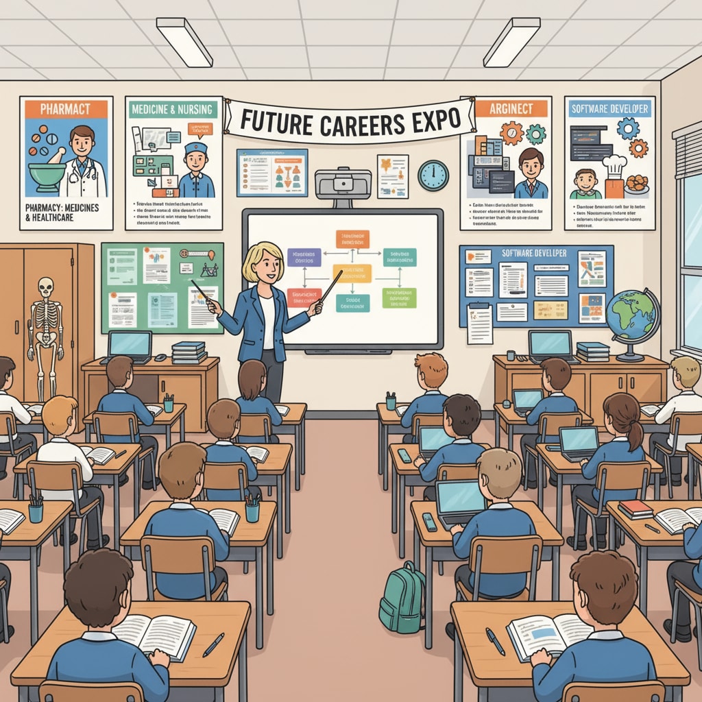 UK school classroom scene for learning about pharmacy career options in the context of UK education