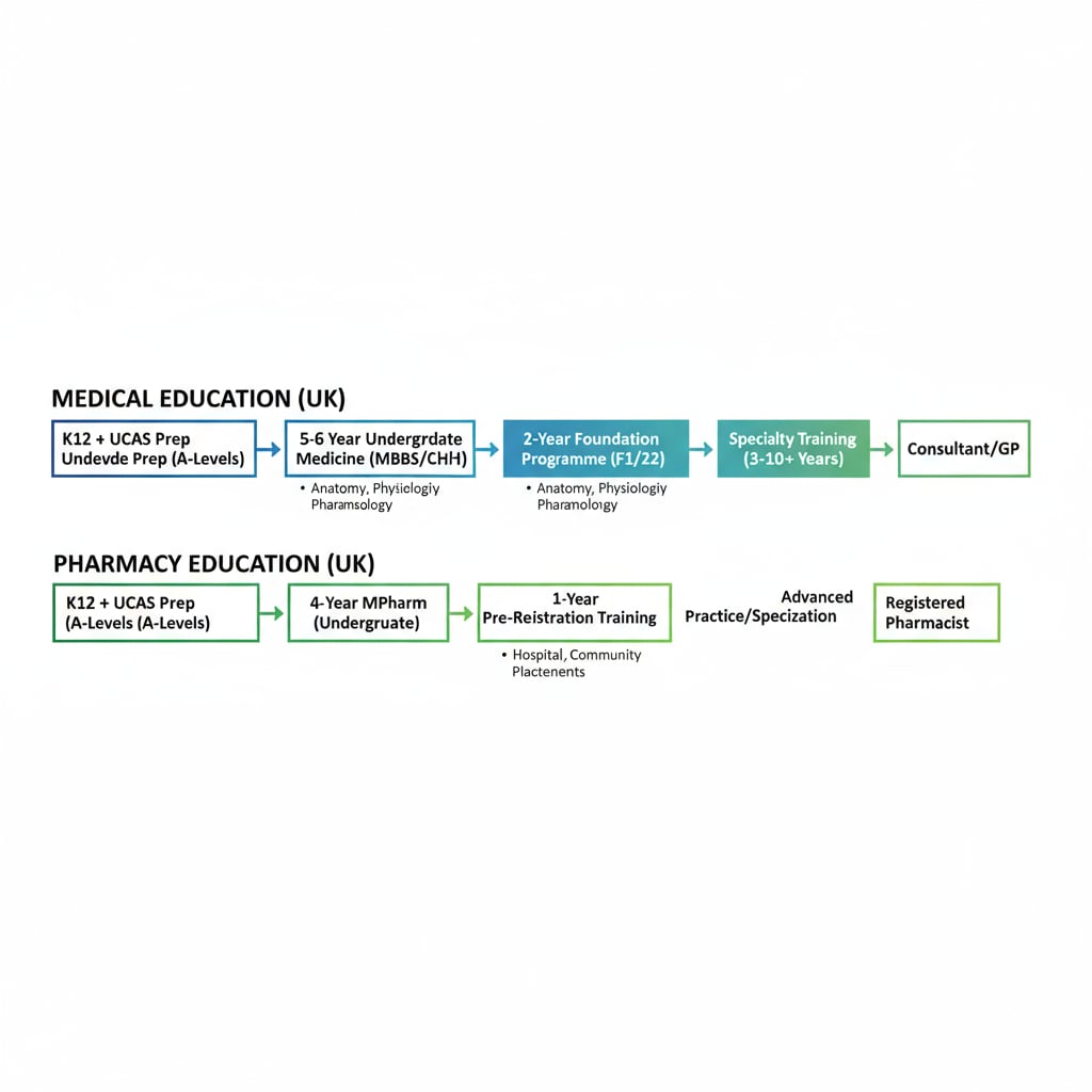 Graphic comparing medical and pharmacy career progression paths in UK education