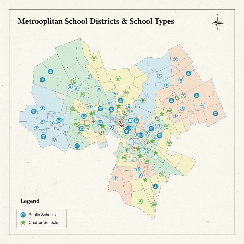 Map showing school districts, public schools, and charter schools for understanding resource allocation.