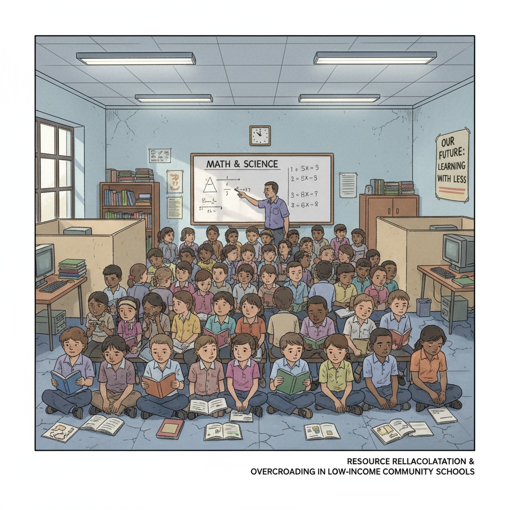 Overcrowded classroom in a low-income community related to school resource allocation.