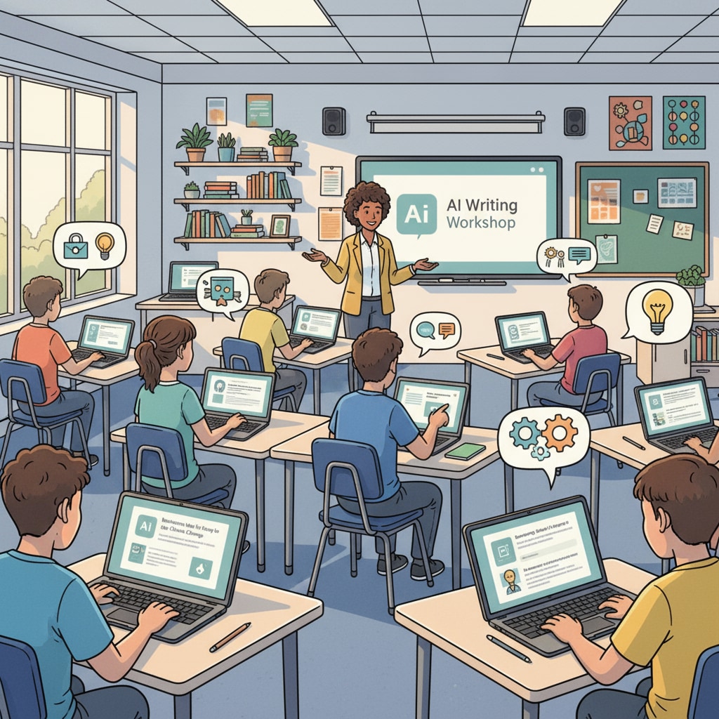 Students using AI writing tools in a modern classroom related to AI writing, teaching transformation, and authorial voice