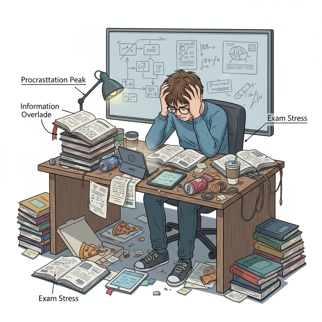 A student suffering from learning difficulties, anxiety, and self-doubt at their study desk