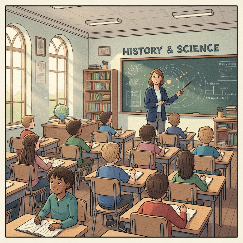 A classroom scene showing students engaged in knowledge memorization, related to school education, life skills, and practical knowledge.