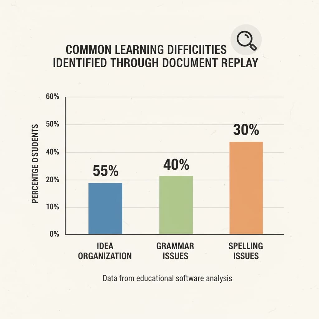 Graph of learning difficulties identified via document replay relevant to plagiarism detection, student behavior observation, and instructional support