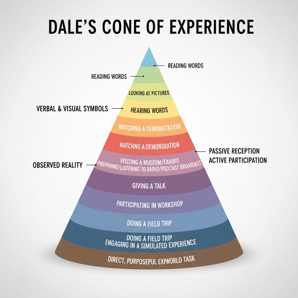 Visual representation of the Cone of Experience related to learning theories, Xun Kuang, cone of experience, and practical learning