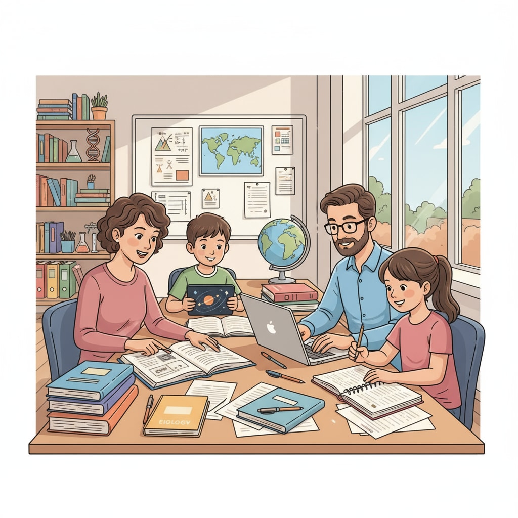 Family using academic resources for educational arrangements at home