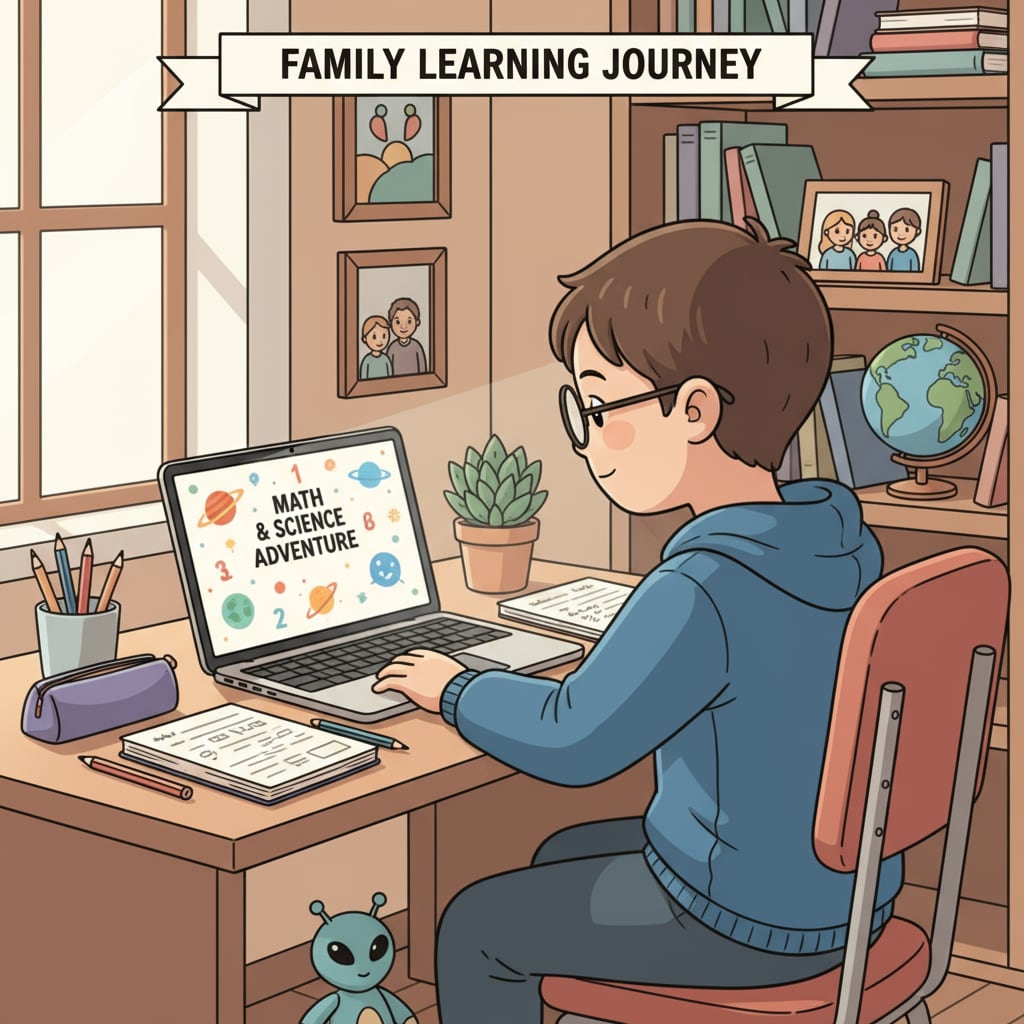 Child using academic resources for daily learning in family education