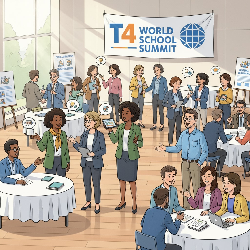 Educators networking at the T4 World School Summit with an emphasis on fundraising and cultural awareness.