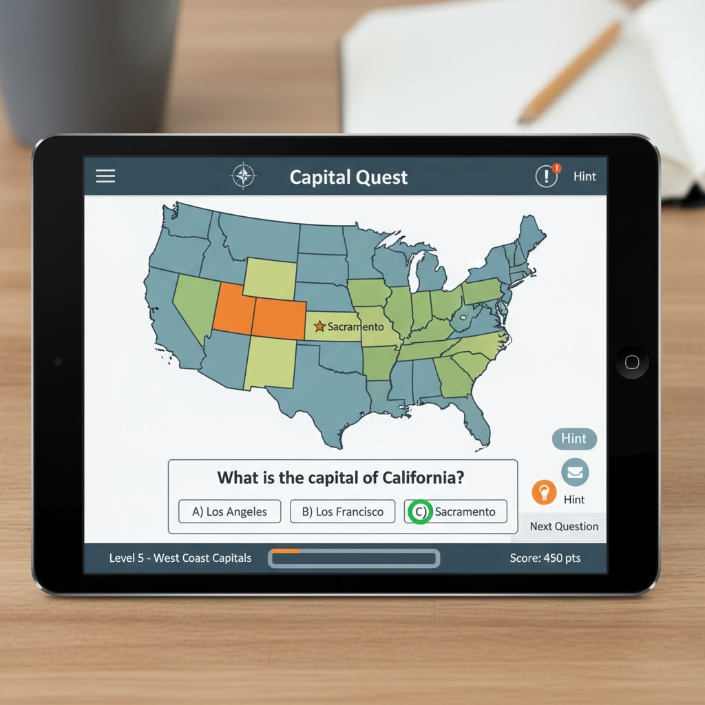State capital learning app interface for American geography education game