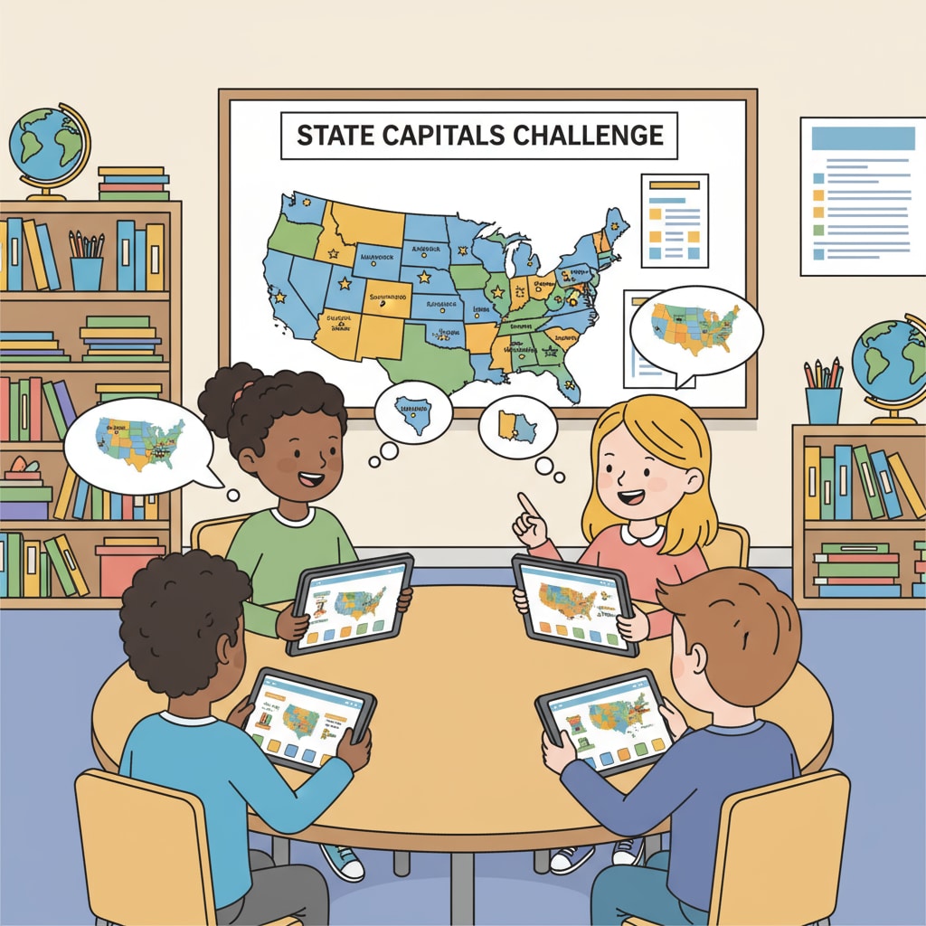 Students using state capital learning apps for American geography education in class