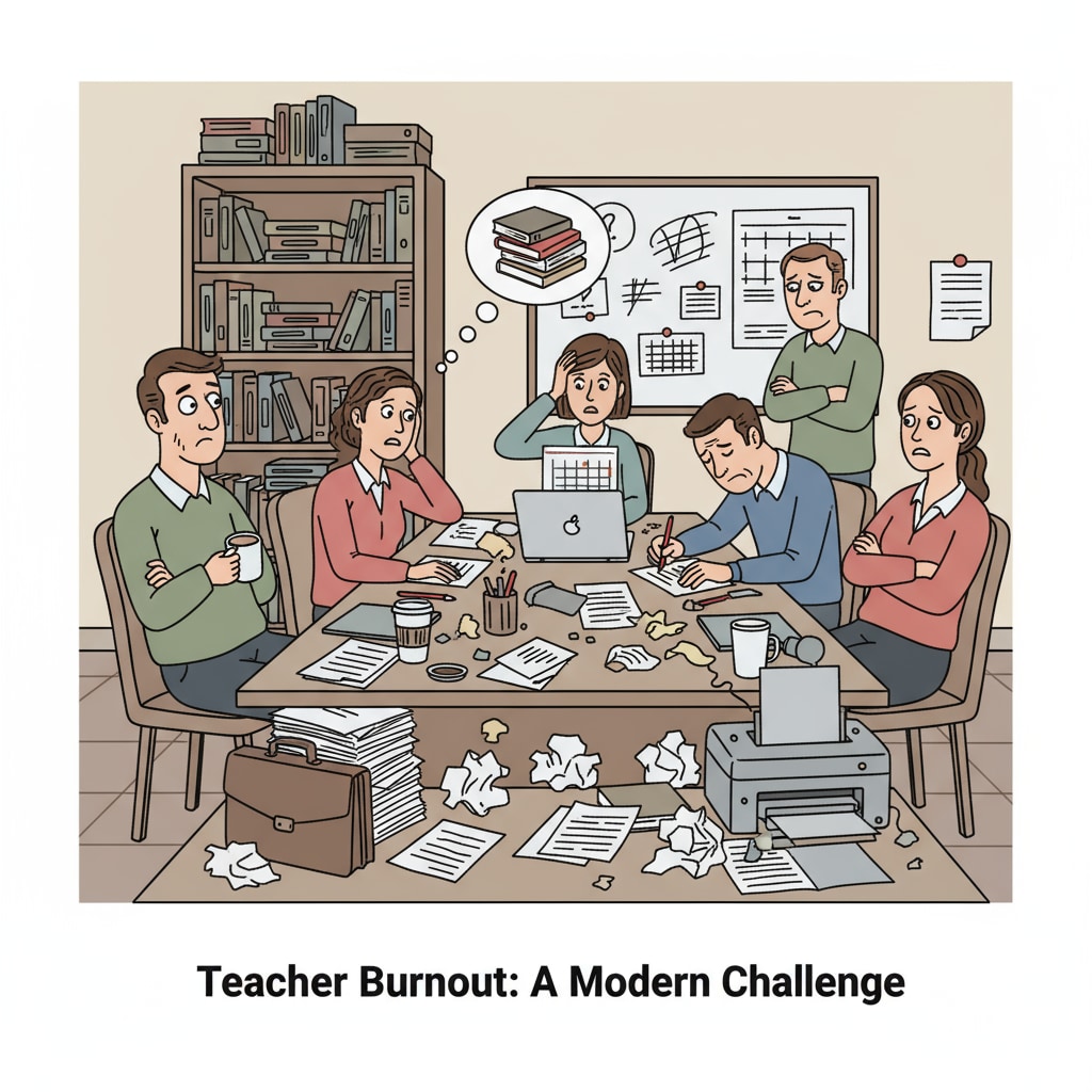 A group of teachers sitting in the staff room, looking stressed and uncomfortable. Teachers experiencing a hostile work environment in the staff room