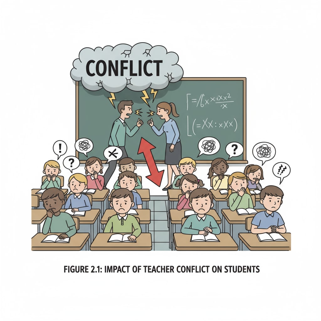 Students sitting in the classroom with confused and worried expressions on their faces due to the impact of teacher conflict. Students affected by teacher conflict in the classroom