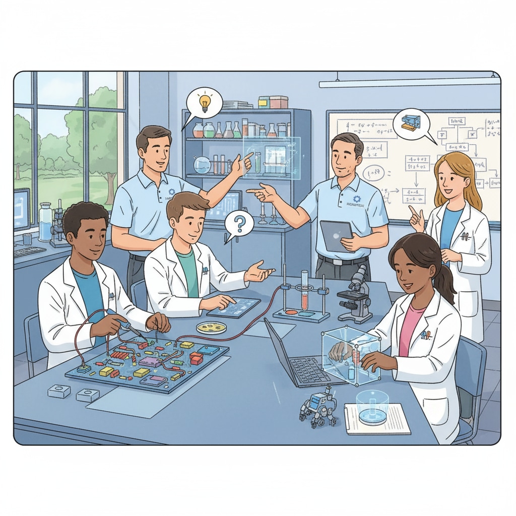 Students and engineers collaborating on a STEM project in a school laboratory, highlighting STEM education partnerships