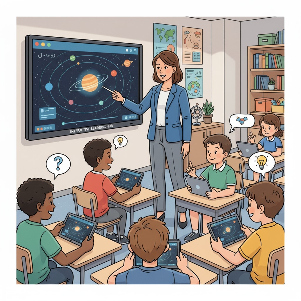 Teacher using an interactive learning platform to engage students in classroom learning.