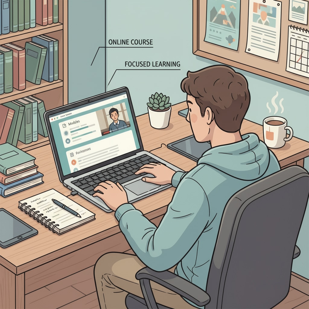 A student engaged in online school, maintaining mental focus and avoiding procrastination.