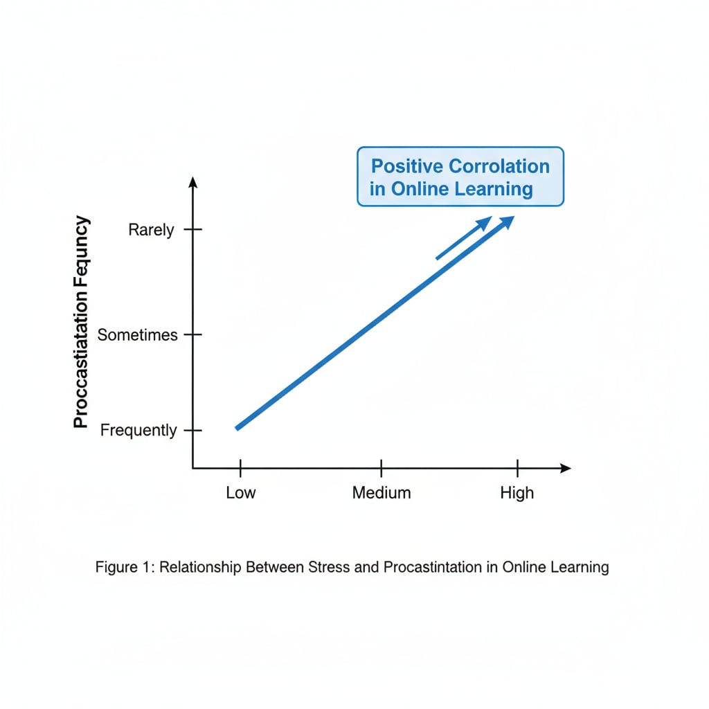 Graph depicting the relationship between stress levels and procrastination in online school, highlighting the impact on mental health.